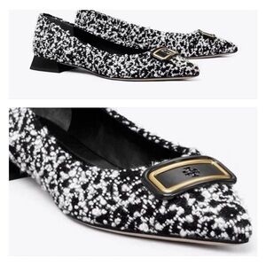 $358 New Tory Burch 7.5 GEORGIA Black White POINTED TOE FLATS Tweed Slip on Shoe